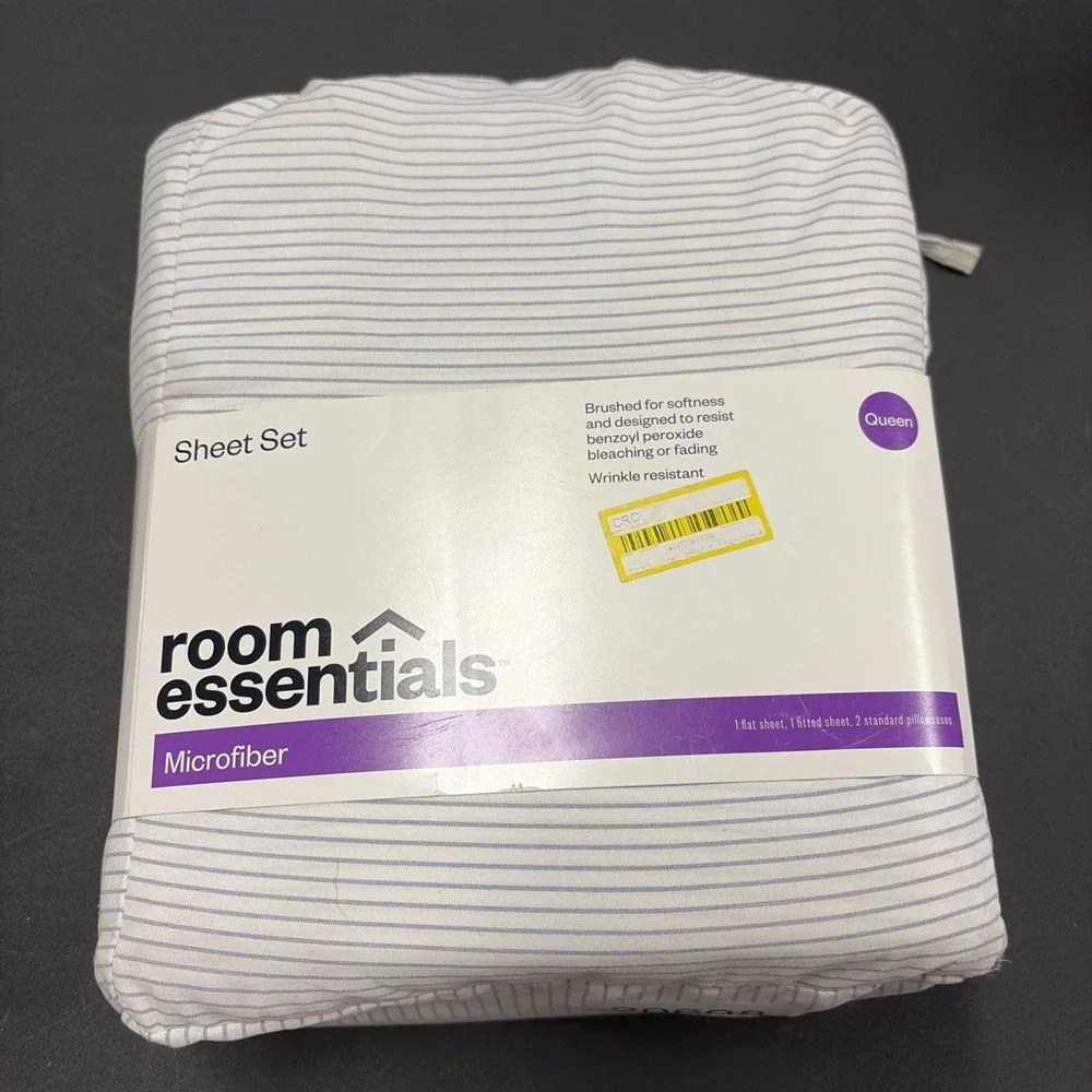 Cotton Microfiber 4 Piece Sheet Set - Room Essentials Gray Strip- Queen 20608